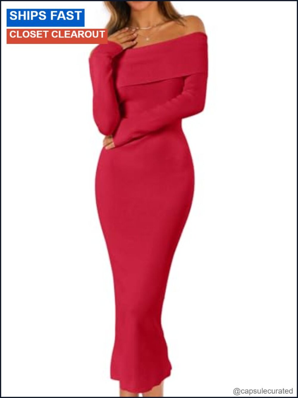 Off Shoulder Knit Bodycon Midi Sweater Dress Long Sleeve Fitted